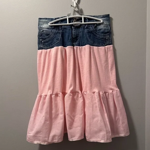 Pink skirt up cycle hand made denim rib knit eyelet size 9 - Picture 5 of 7